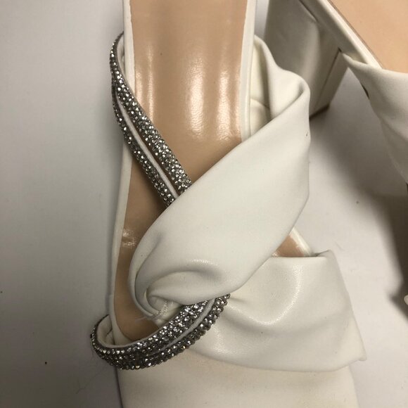 White Rhinestone Embellished Square Toe Heeled Sandals Womens Sz 8 Elegant Shoes - Picture 2 of 7